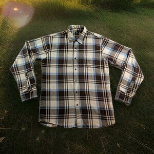 Burnside Mens L Flannel Shirt Button Up Long Sleeve Blue Brown Plaid